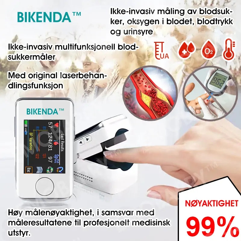 Bikenda™ Avansert Ikke-Invasiv Blodsukkermåler – 99,9 % Nøyaktighet + Eksklusiv Gave! Stolt Brukt av Ledende Sykehus Verdensomspennende